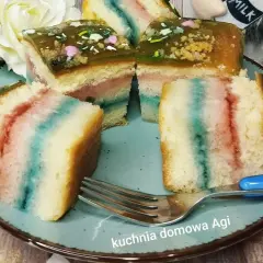 Kolorowy biszkopt z galaretką i posypką na talerzu, obok widelec.