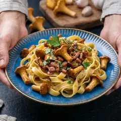 Talerz makaronu tagliatelle z kurkami i boczkiem, ozdobiony natką pietruszki.