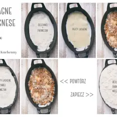 Kolaż zdjęć pokazujący etapy przygotowania lasagne bolognese w naczyniu żaroodpornym.