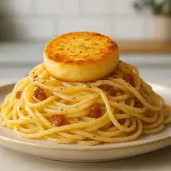 Porcja spaghetti carbonara z okrągłym, podsmażonym serem na wierzchu.