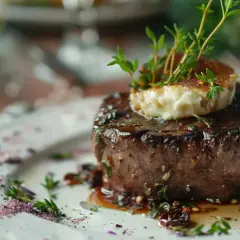 Soczysty stek z wołowiny, ozdobiony serem i gałązkami tymianku. Tymianek do czego? Do podkreślenia smaku mięsa i dodania aromatu.