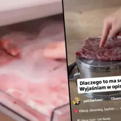Mięso w folii na urządzeniu, obok zamrażarka z mięsem.