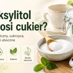 Słoik ksylitolu, miska z ksylitolem, cytryna, mięta i glukometr.