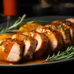 Pokrojony pieczony schab w sosie, udekorowany plasterkami pomarańczy i rozmarynem.