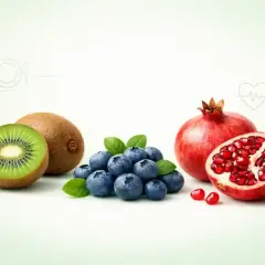 Kiwi, borówki i granat na jasnym tle z ikonami zdrowia i jedzenia.