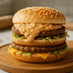 Burger z dwoma kotletami, serem, sałatą i sosem na drewnianej desce.