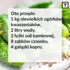 Przepis na ogórki małosolne: 1 kg ogórków, 2 litry wody, 2 łyżki soli kamiennej, czosnek i koper.