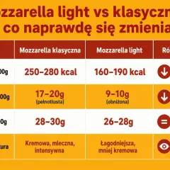 Porównanie mozzarelli: klasyczna ma 250-280 kcal, light 160-190 kcal. Różnica w kaloriach to ok. 30%.