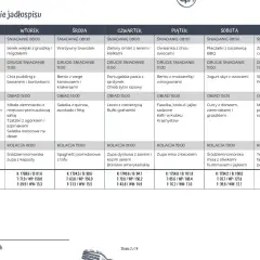 Tabela z podsumowaniem jadłospisu na cały tydzień, z podziałem na posiłki i dni.