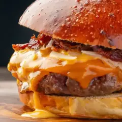 Soczysty burger z rozpływającym się serem i chrupiącym boczkiem. Prawdziwa uczta dla podniebienia, choć wieśmac kcal może przyprawić o zawrót głowy.