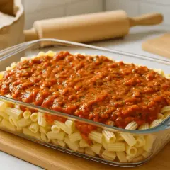 Pyszny, domowy sos do zapiekanki makaronowej w szklanym naczyniu, gotowy do pieczenia.