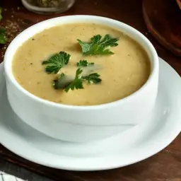 Aksamitna zupa na wielkanoc, udekorowana świeżą natką pietruszki, serwowana w białej miseczce na drewnianym stole.