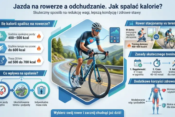Godzina jazdy na rowerze spala 400-700 kcal, zależnie od tempa i terenu. Trening poprawia kondycję i modeluje sylwetkę.
