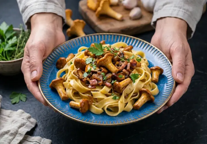 Talerz makaronu tagliatelle z kurkami i boczkiem, ozdobiony natką pietruszki.