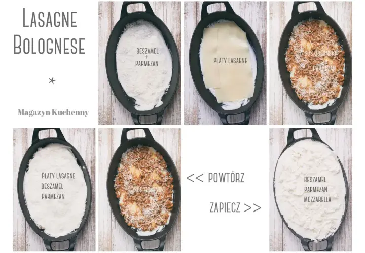 Kolaż zdjęć pokazujący etapy przygotowania lasagne bolognese w naczyniu żaroodpornym.