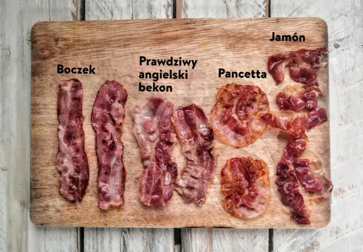 Różne rodzaje boczku: polski, angielski, pancetta i jamón, ułożone na desce.