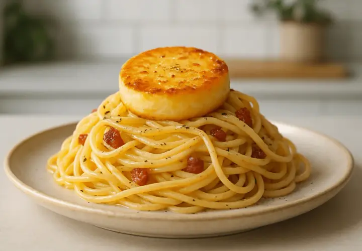 Porcja spaghetti carbonara z okrągłym, podsmażonym serem na wierzchu.