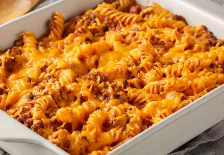 Zapiekanka makaronowa z mięsem mielonym w sosie śmietanowym, pokryta roztopionym, ciągnącym się serem cheddar.
