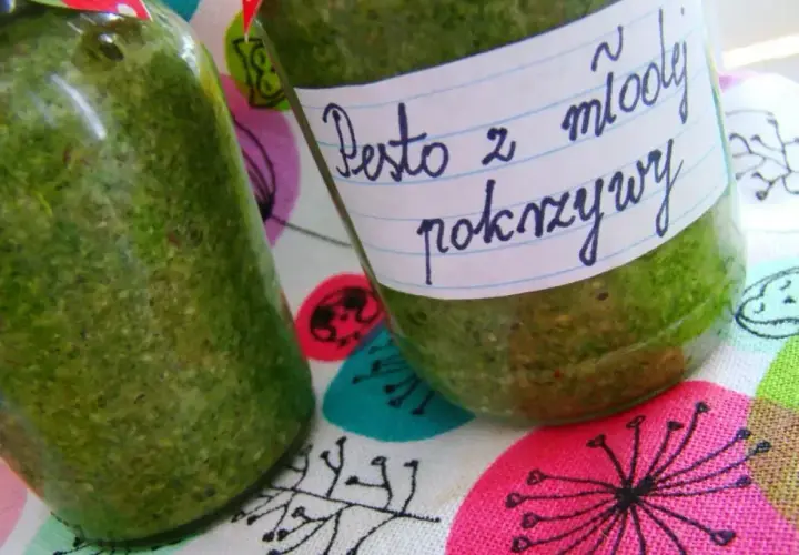 Słoiki z domowym pesto z młodej pokrzywy, gotowe do przechowywania.
