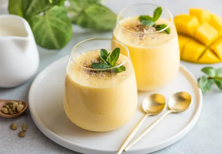 Dwa szklanki gęstego, żółtego smoothie mango z miętą i posypką, obok kawałka mango i łyżeczek.