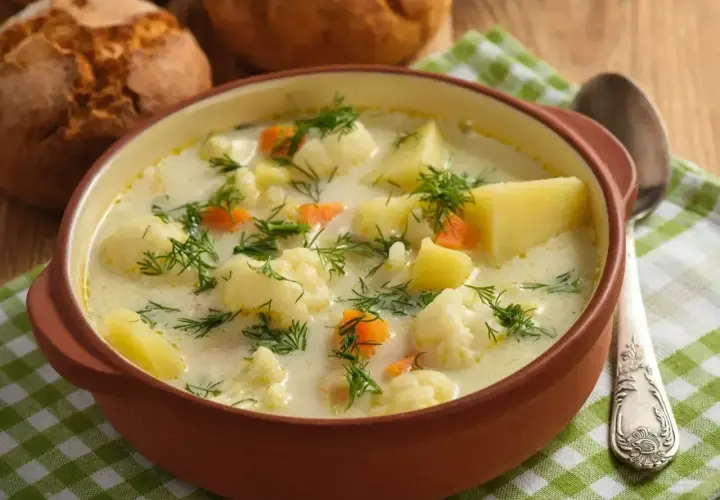 Kremowa zupa z kalafiora i ziemniaków, posypana koperkiem. Idealna na chłodne dni, jedna z tych dobrych zup domowych.