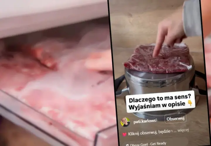 Mięso w folii na urządzeniu, obok zamrażarka z mięsem.