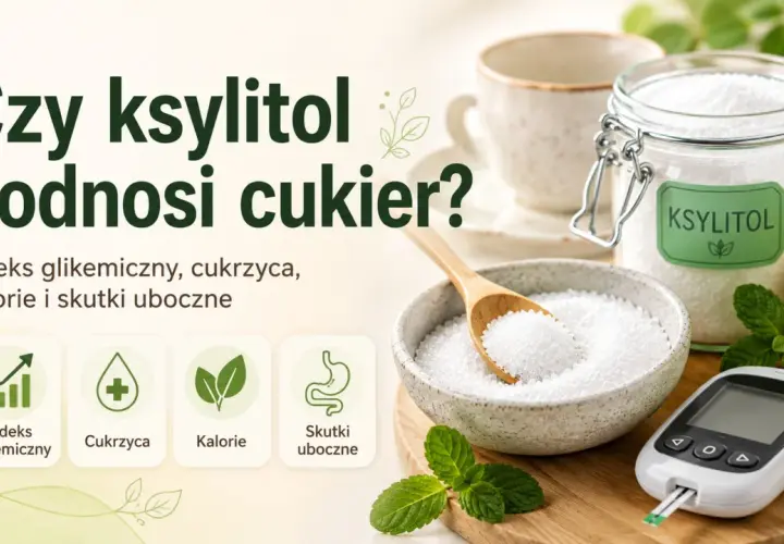 Słoik ksylitolu, miska z ksylitolem, cytryna, mięta i glukometr.