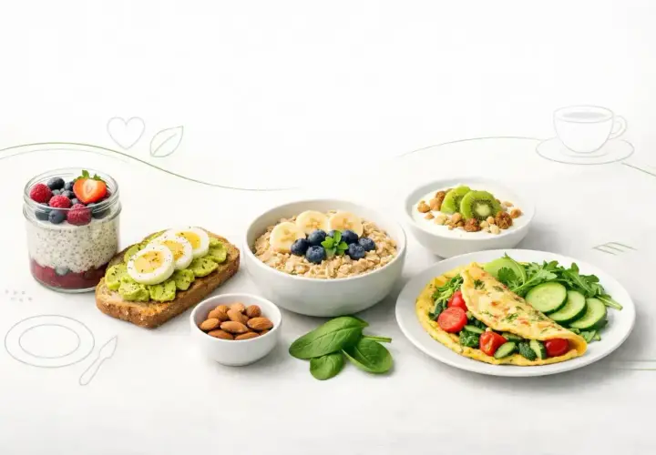 Zdrowe śniadania: owsianka, omlet, tosty z awokado, jogurt z owocami i nasiona chia.