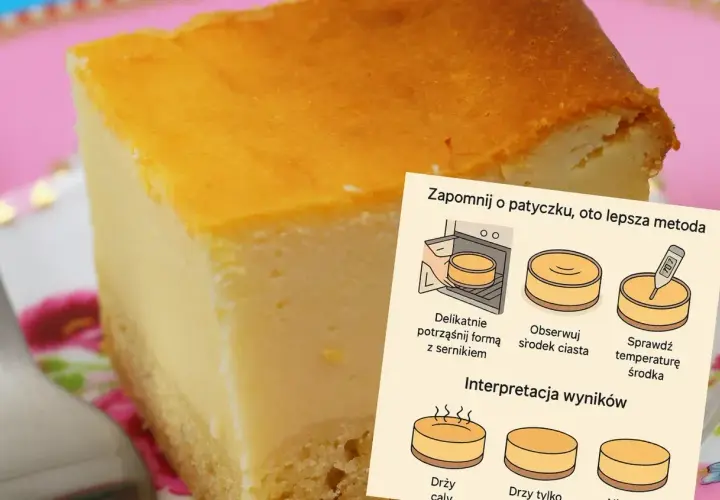 Pyszny sernik na talerzu, obok instrukcja jak sprawdzić jego gotowość. Idealny sernik kcal!