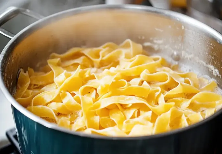 Szeroki makaron tagliatelle gotuje się w garnku z bulgoczącą wodą.