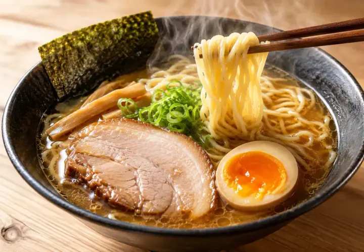 Parujący talerz ramen: żółtko jajka, plastry wieprzowiny, bambus, nori i sprężyste nitki makaronu unoszone pałeczkami. Pyszne danie, które sprawia, że zastanawiasz się: ramen co to?