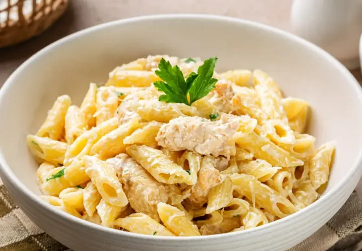 Kremowy makaron penne z kawałkami kurczaka, posypany parmezanem i udekorowany natką pietruszki.