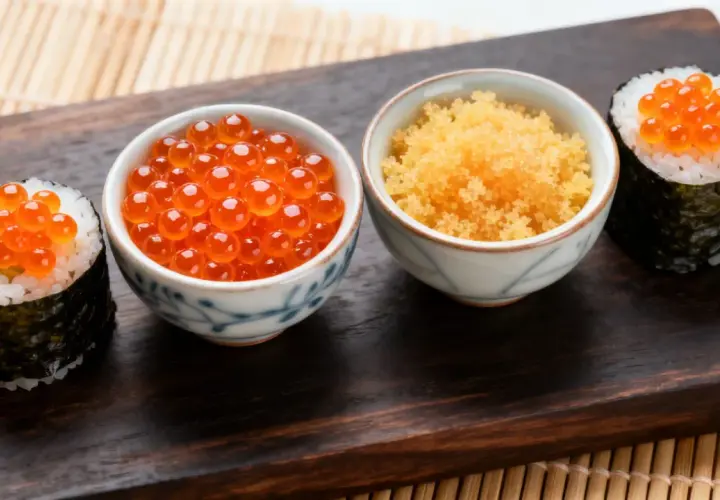 Dwa sushi z ikrą łososia i miseczki z ikrą tobiko i ikrą ryb latających.