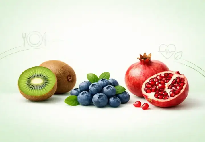 Kiwi, borówki i granat na jasnym tle z ikonami zdrowia i jedzenia.