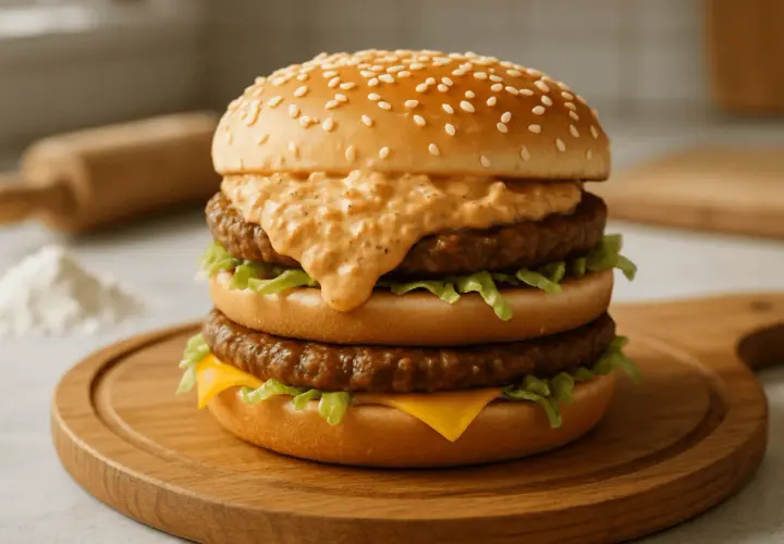 Burger z dwoma kotletami, serem, sałatą i sosem na drewnianej desce.