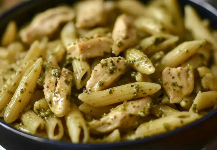Makaron penne z kawałkami kurczaka w sosie pesto, podany w ciemnej misce.