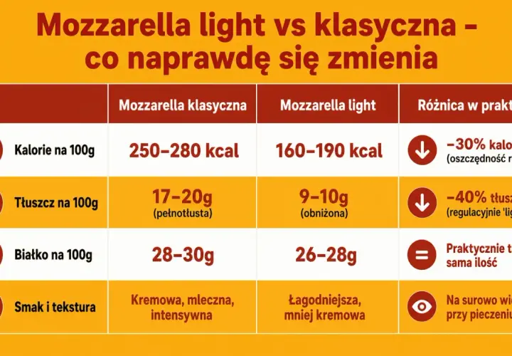 Porównanie mozzarelli: klasyczna ma 250-280 kcal, light 160-190 kcal. Różnica w kaloriach to ok. 30%.