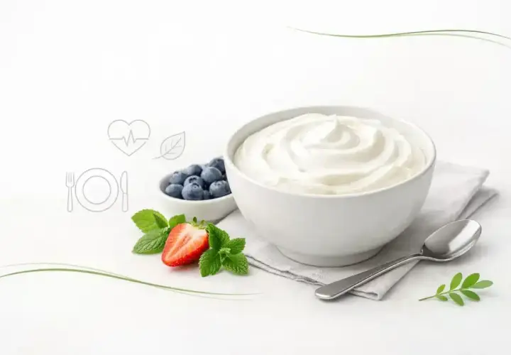 Gładki skyr naturalny w misce, obok jagody, truskawka i listki mięty. Zdrowy posiłek.
