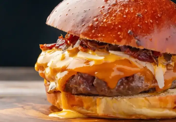 Soczysty burger z rozpływającym się serem i chrupiącym boczkiem. Prawdziwa uczta dla podniebienia, choć wieśmac kcal może przyprawić o zawrót głowy.