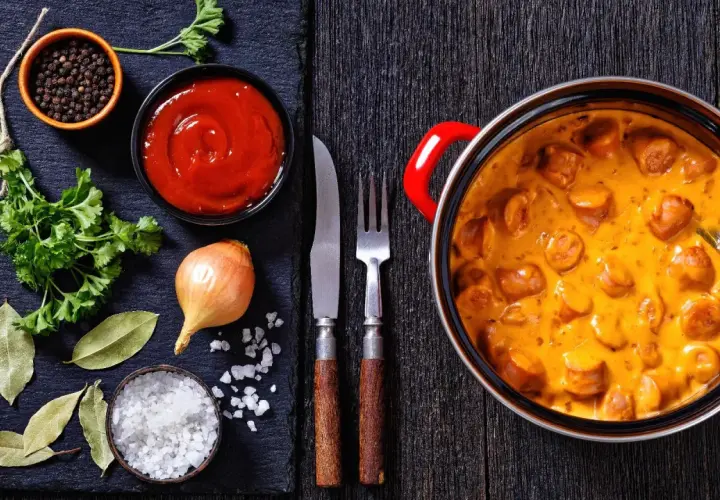 Pyszne parówki w sosie śmietanowym – idealny pomysł, co zrobić z parówek na obiad. Obok składniki: cebula, ketchup, przyprawy.