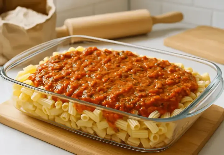 Pyszny, domowy sos do zapiekanki makaronowej w szklanym naczyniu, gotowy do pieczenia.