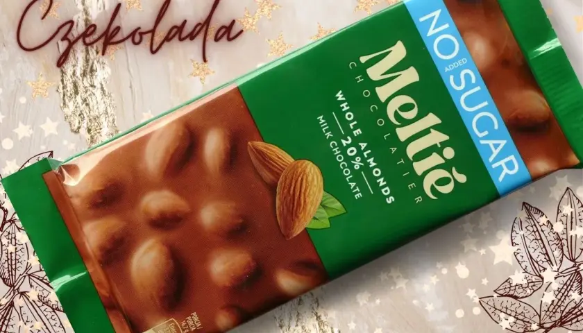 Czekolada Meltie z całymi migdałami, bez dodatku cukru.