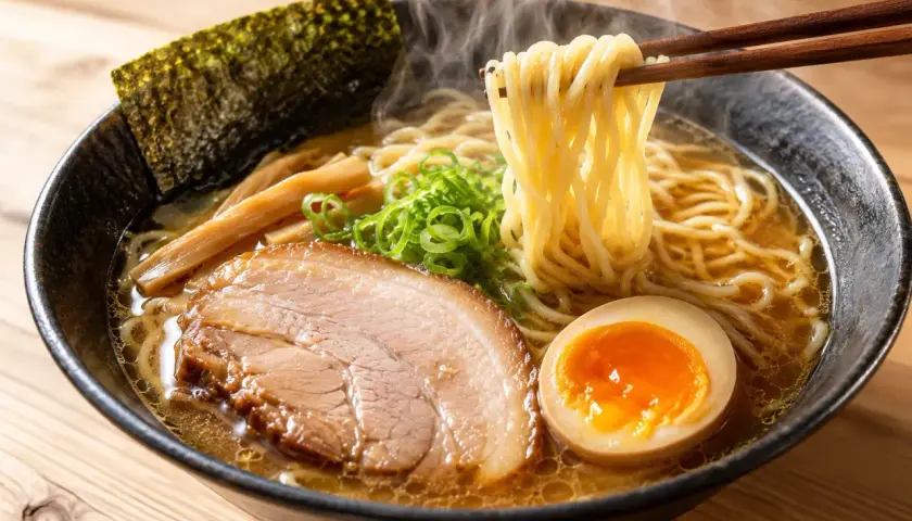 Parujący talerz ramen: żółtko jajka, plastry wieprzowiny, bambus, nori i sprężyste nitki makaronu unoszone pałeczkami. Pyszne danie, które sprawia, że zastanawiasz się: ramen co to?