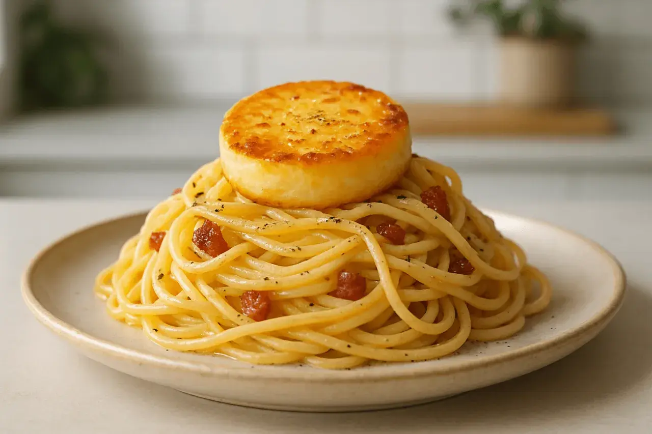Porcja spaghetti carbonara z okrągłym, podsmażonym serem na wierzchu.