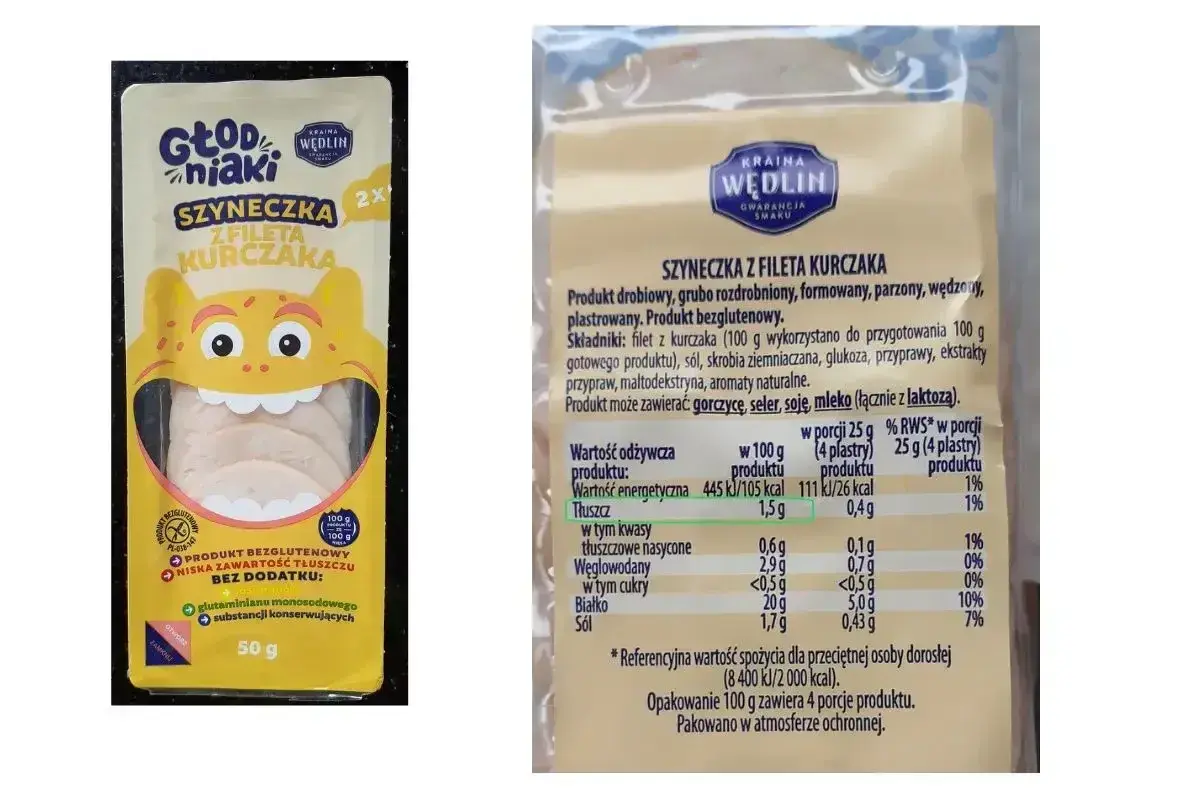 Szyneczka z fileta kurczaka, 50g. Niska zawartość tłuszczu, bez dodatków. Wartość energetyczna 105 kcal na 100g.