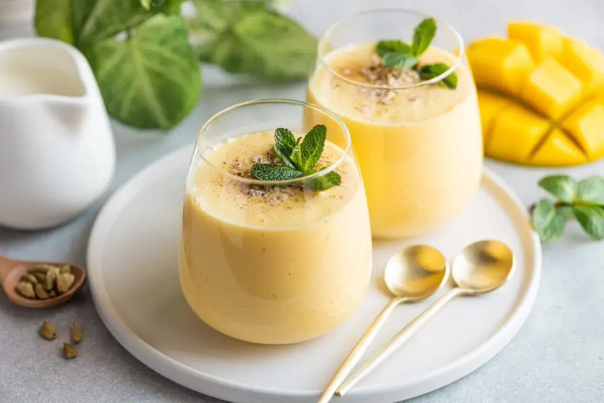 Dwa szklanki gęstego, żółtego smoothie mango z miętą i posypką, obok kawałka mango i łyżeczek.