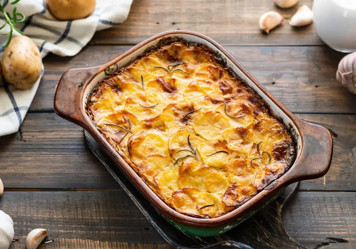 Zapiekanka z ziemniakami i mięsem mielonym w naczyniu żaroodpornym, ozdobiona rozmarynem.