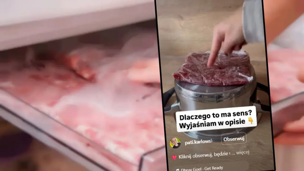 Mięso w folii na urządzeniu, obok zamrażarka z mięsem.