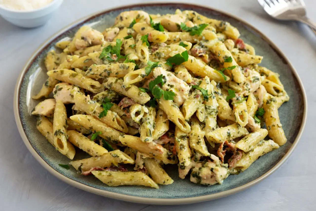 Kremowy makaron penne z kurczakiem, szpinakiem i suszonymi pomidorami, udekorowany natką pietruszki.