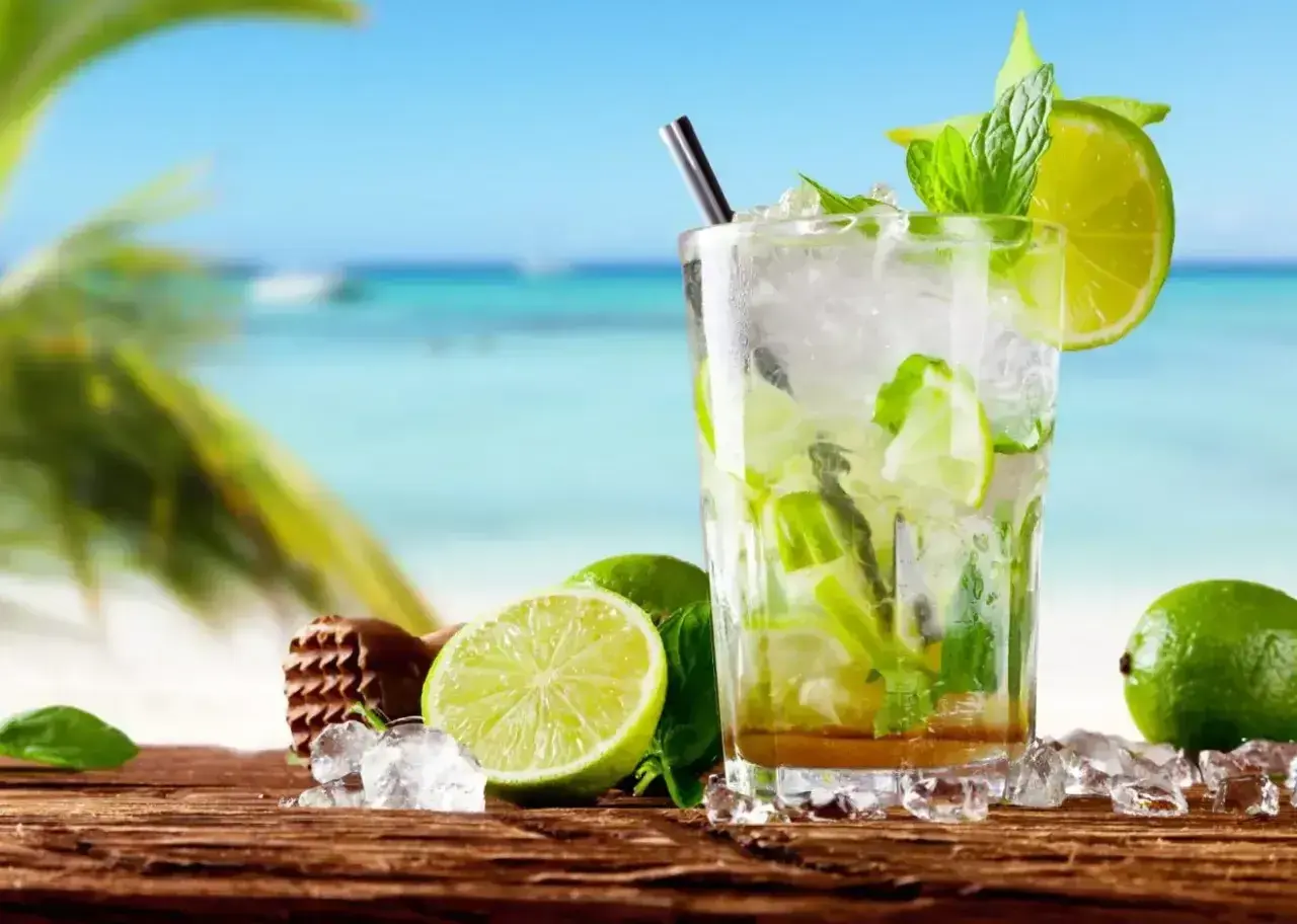 Szklanka orzeźwiającego mojito z limonką i miętą na tle plaży.